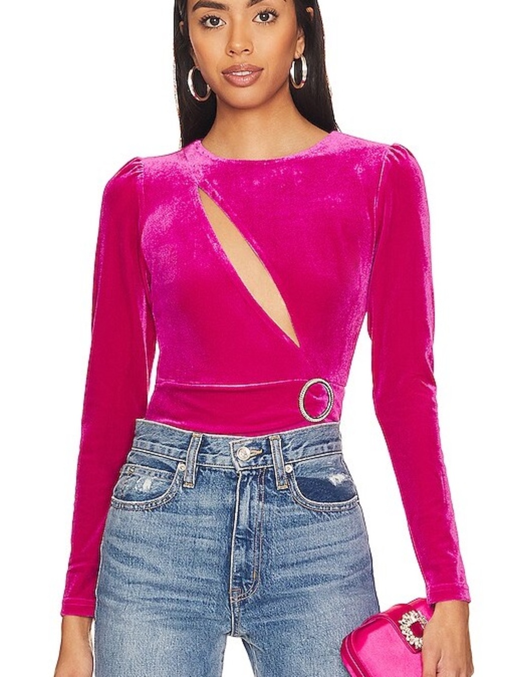 Revolve Superdown Charlotte Cut Out Bodysuit Hot Pink Velvet Asymmetric Sz XS